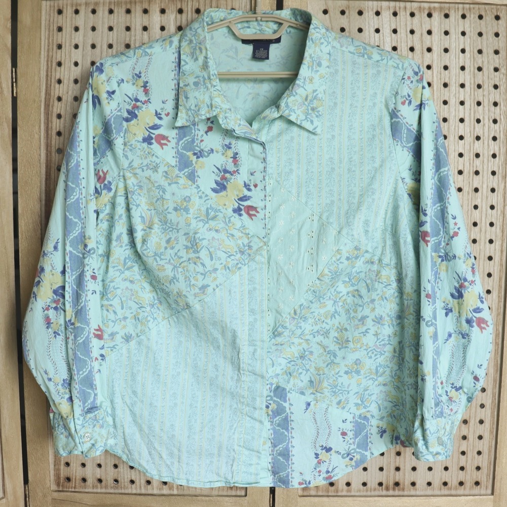 Denim & Co Floral Patchwork Button Up Shirt Womens SIZE 2X Boho Cottagecore